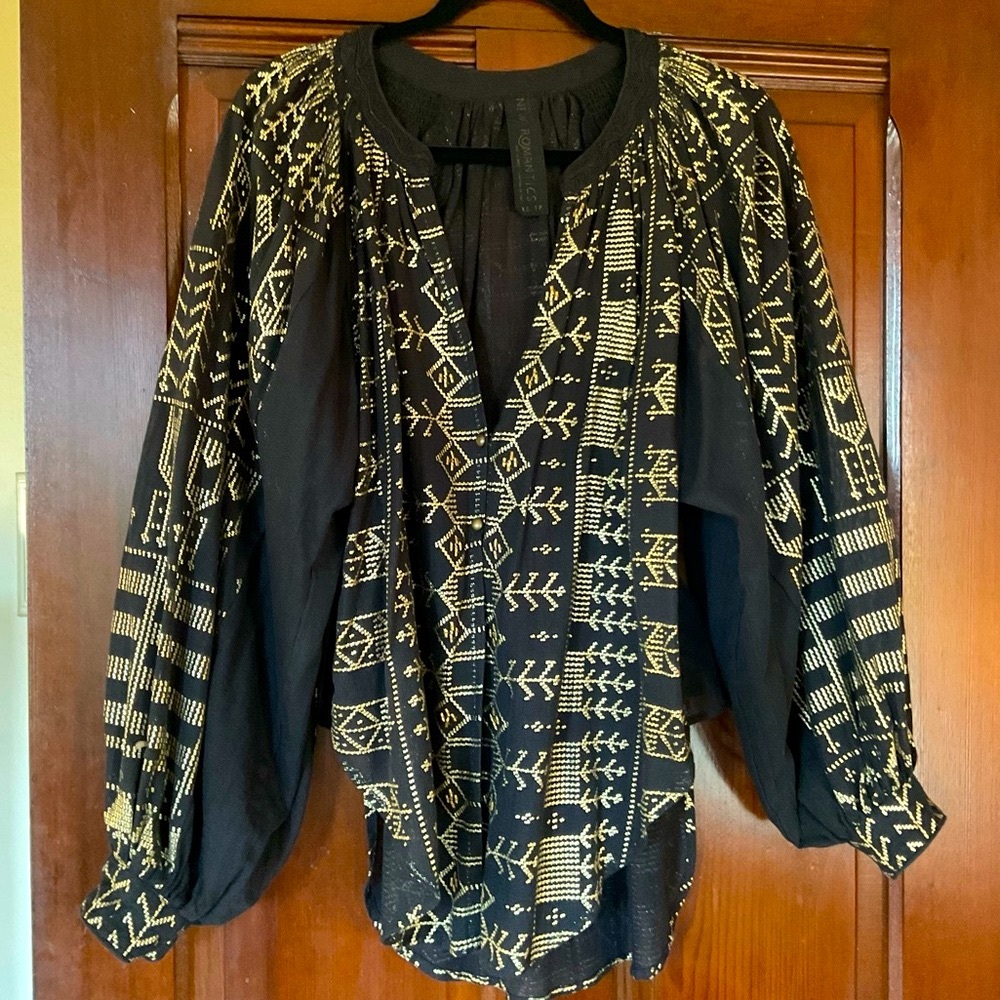 Free People New Romantics Black, Gold ,Metallic Embroidered Blouse sheer top